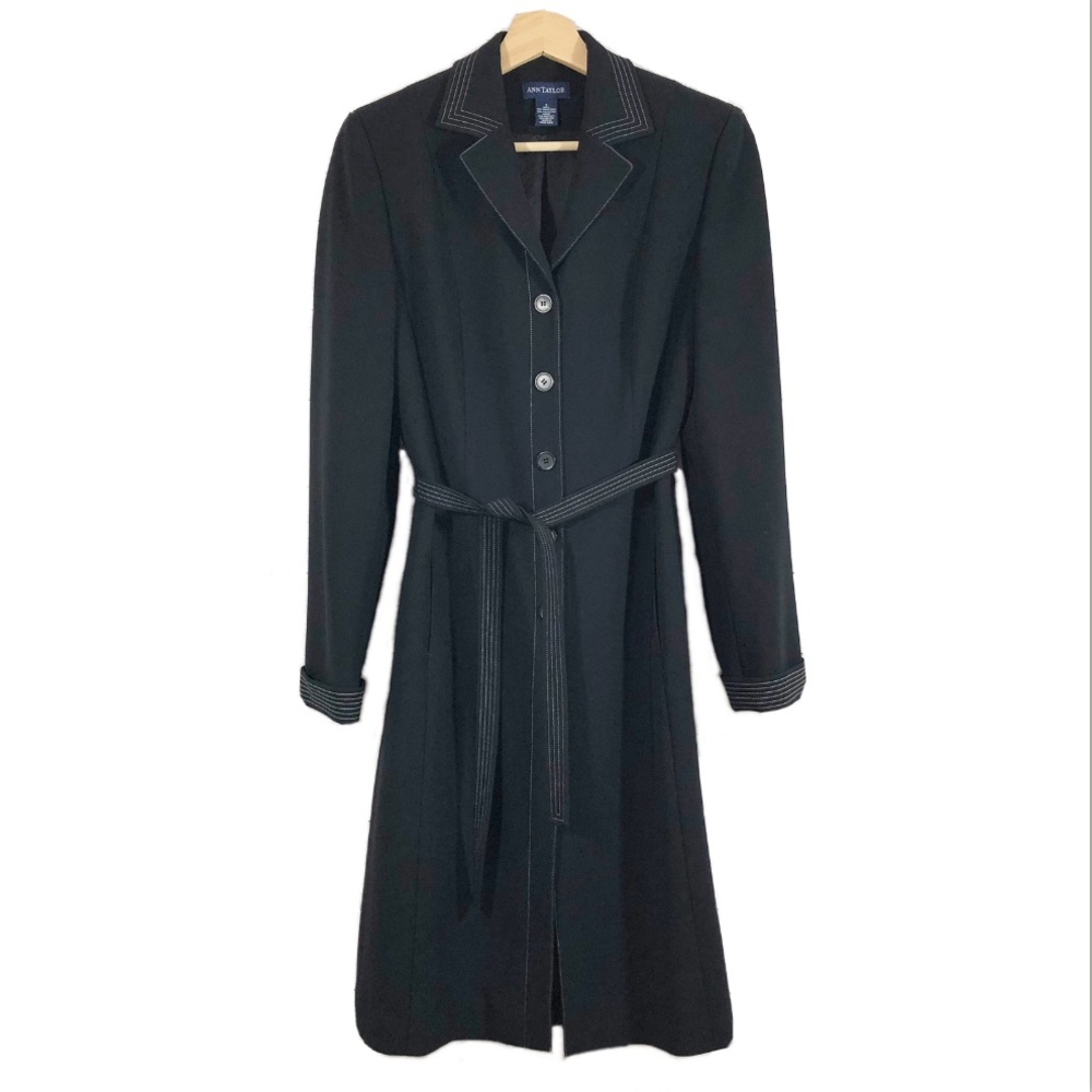 Ann Taylor Button Front Belted Long Sleeves Black Dress Sz 2